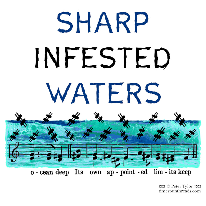 Timespun Threads - Sharp Infested Waters - musical shark pun graphic design