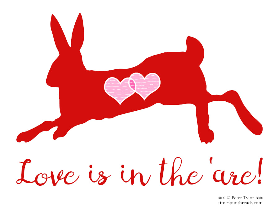 Love is in the 'Are - Valentine hare pun graphic design by Timespun Threads