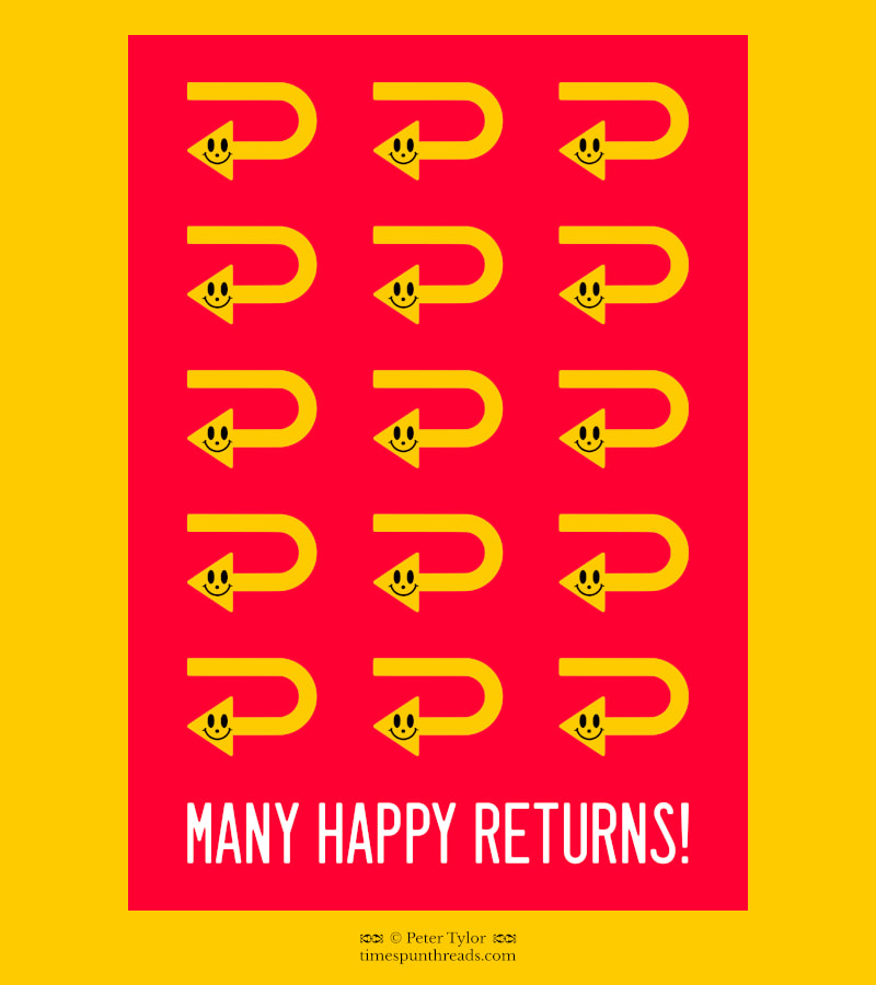 Many Happy Returns - smiley tech icon pun birthday card design